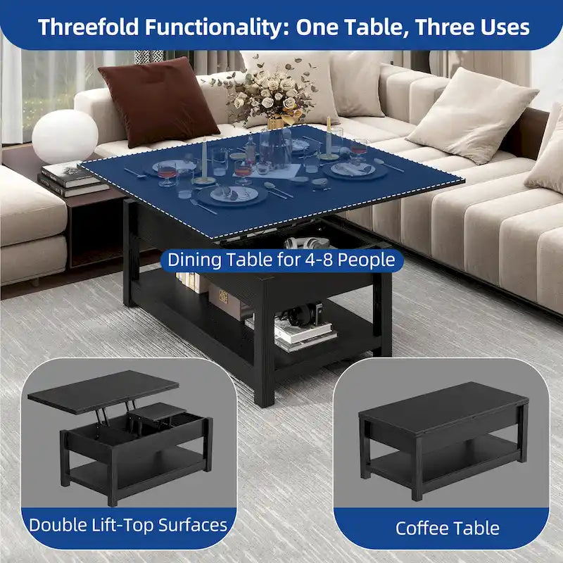 Table basse relevable marron/gris/noir avec rangement dissimulé, pour 6 à 8 personnes