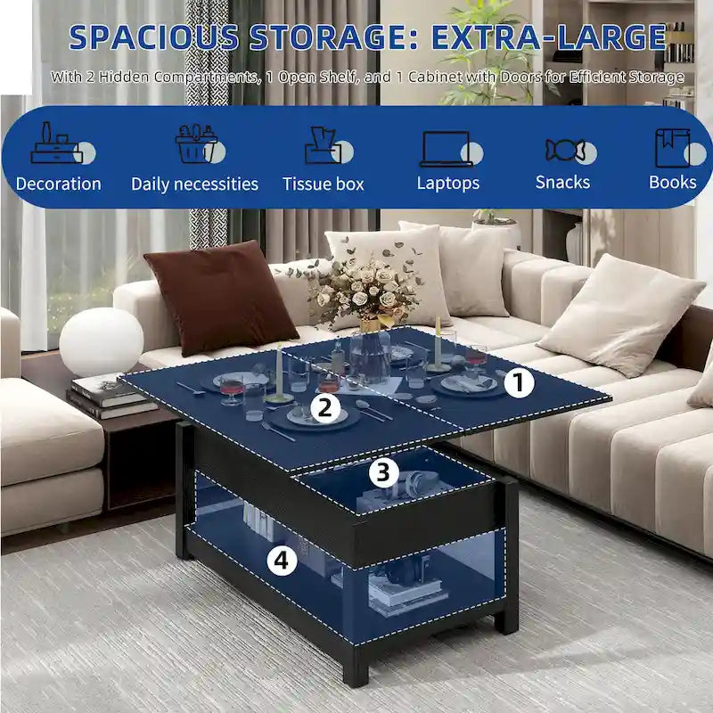 Table basse relevable marron/gris/noir avec rangement dissimulé, pour 6 à 8 personnes