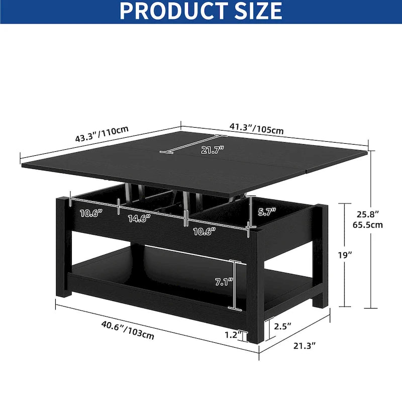 Table basse relevable marron/gris/noir avec rangement dissimulé, pour 6 à 8 personnes