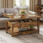 Table basse relevable marron/gris/noir avec rangement dissimulé, pour 6 à 8 personnes