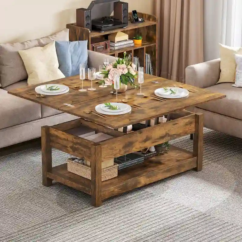 Table basse relevable marron/gris/noir avec rangement dissimulé, pour 6 à 8 personnes