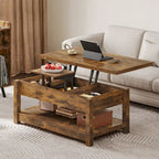 Table basse relevable marron/gris/noir avec rangement dissimulé, pour 6 à 8 personnes