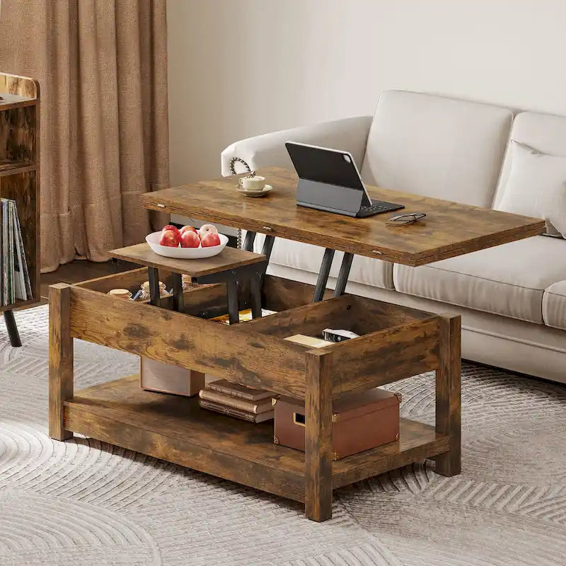 Table basse relevable marron/gris/noir avec rangement dissimulé, pour 6 à 8 personnes