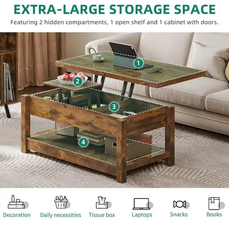 Table basse relevable marron/gris/noir avec rangement dissimulé, pour 6 à 8 personnes