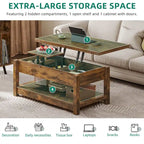 Table basse relevable marron/gris/noir avec rangement dissimulé, pour 6 à 8 personnes