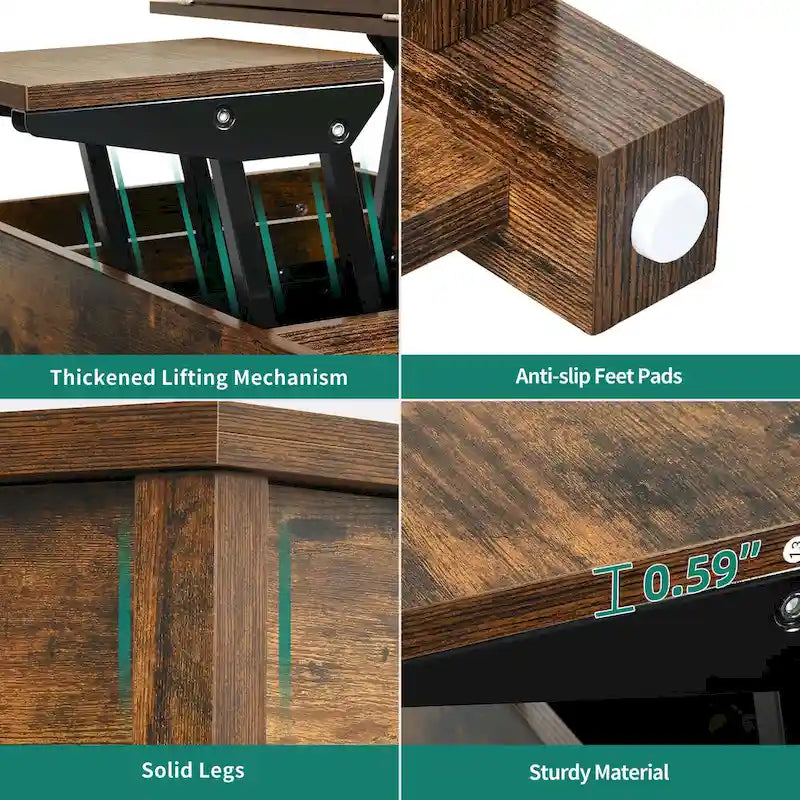 Table basse relevable marron/gris/noir avec rangement dissimulé, pour 6 à 8 personnes