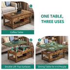 Table basse relevable marron/gris/noir avec rangement dissimulé, pour 6 à 8 personnes