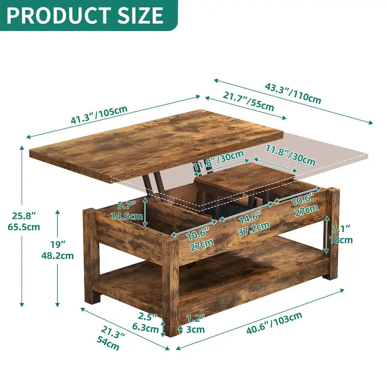 Table basse relevable marron/gris/noir avec rangement dissimulé, pour 6 à 8 personnes