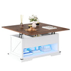 Table basse relevable marron/gris/noir avec rangement dissimulé, pour 6 à 8 personnes
