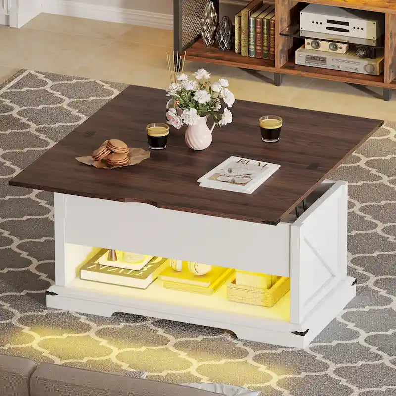 Table basse relevable marron/gris/noir avec rangement dissimulé, pour 6 à 8 personnes