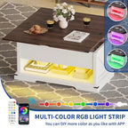 Table basse relevable marron/gris/noir avec rangement dissimulé, pour 6 à 8 personnes