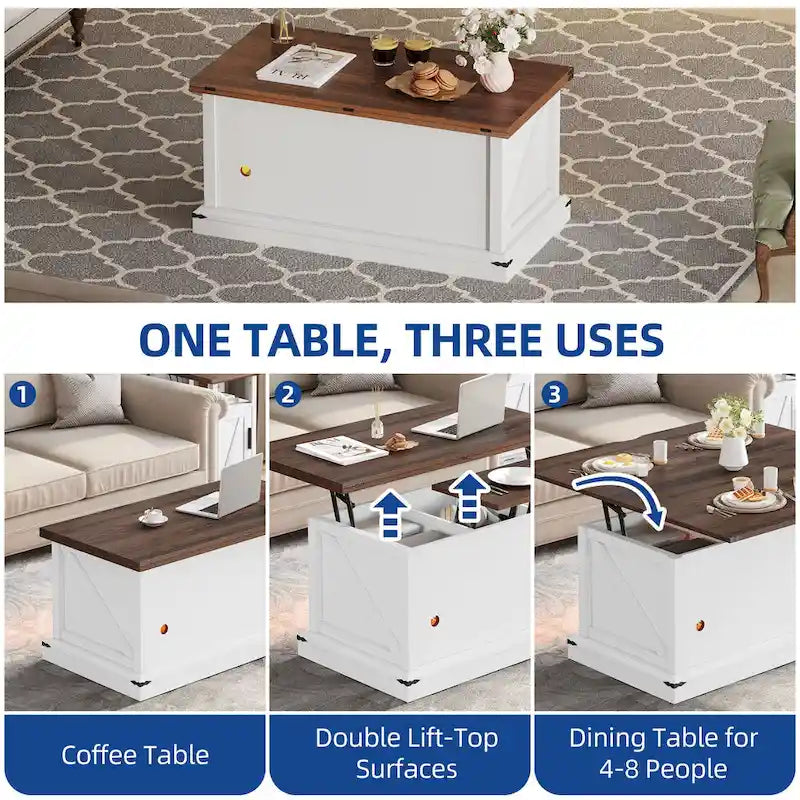 Table basse relevable marron/gris/noir avec rangement dissimulé, pour 6 à 8 personnes