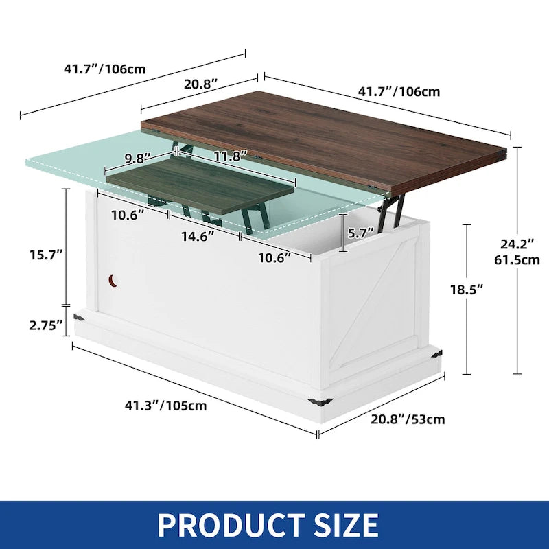 Table basse relevable marron/gris/noir avec rangement dissimulé, pour 6 à 8 personnes