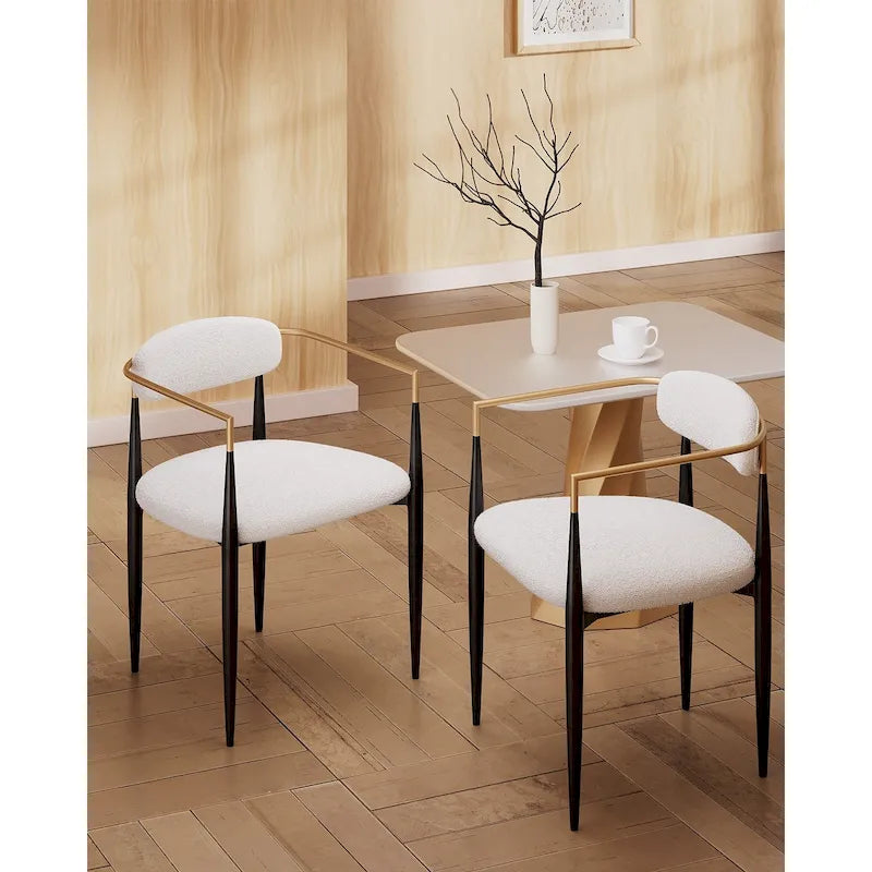 Chaise de salle à manger tapissée avec accoudoirs, cadre métallique, blanc/gris/marron/beige, lot de 2