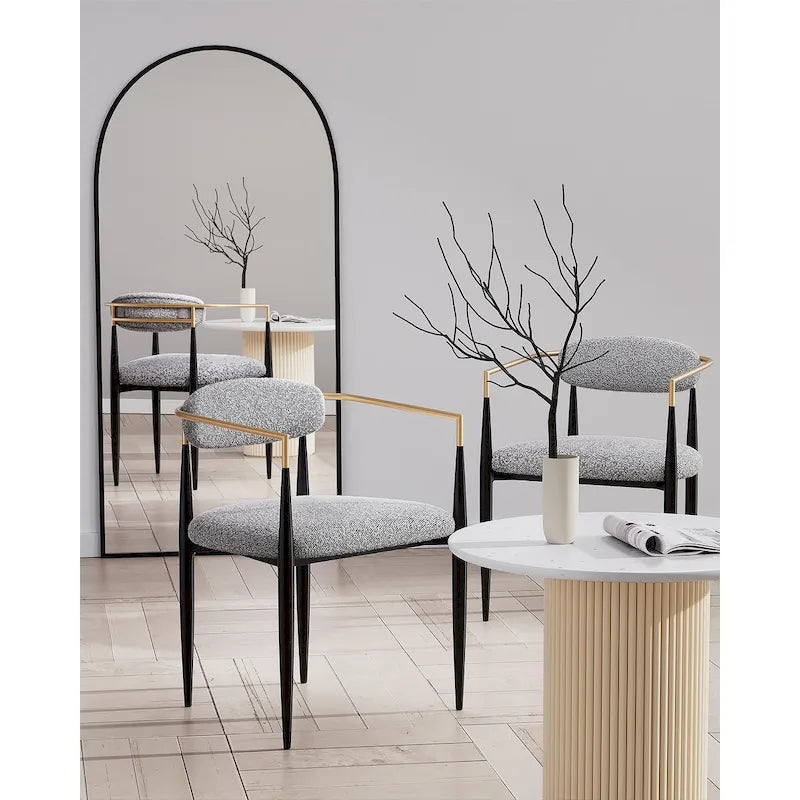 Chaise de salle à manger tapissée avec accoudoirs, cadre métallique, blanc/gris/marron/beige, lot de 2