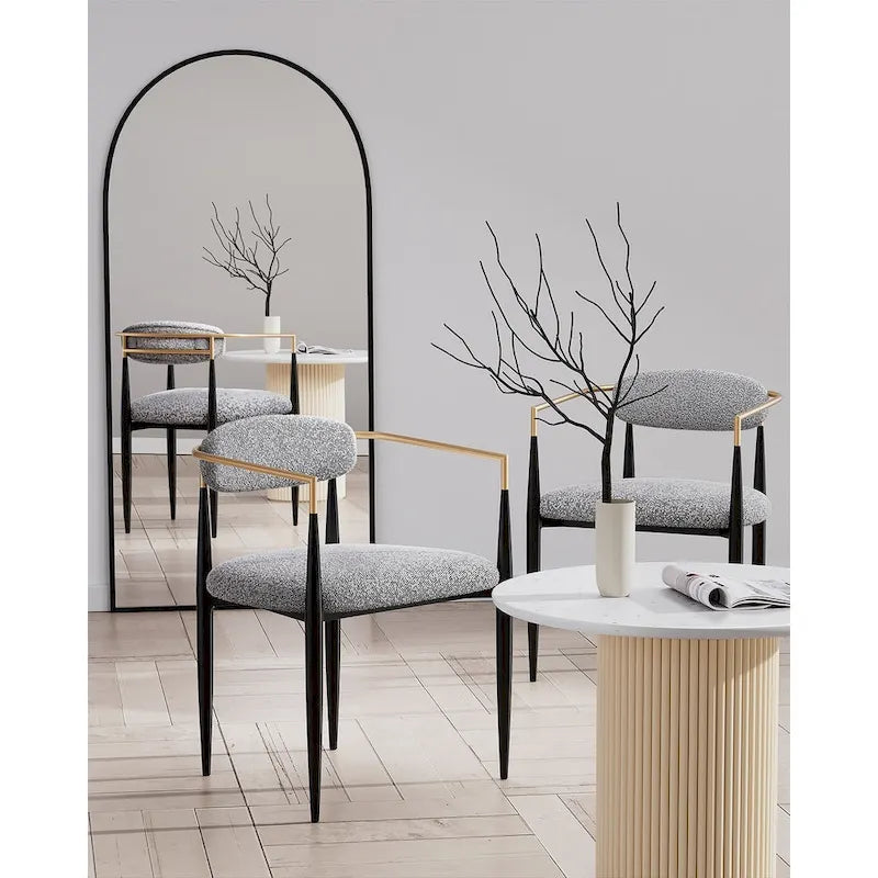 Chaise de salle à manger tapissée avec accoudoirs, cadre métallique, blanc/gris/marron/beige, lot de 2