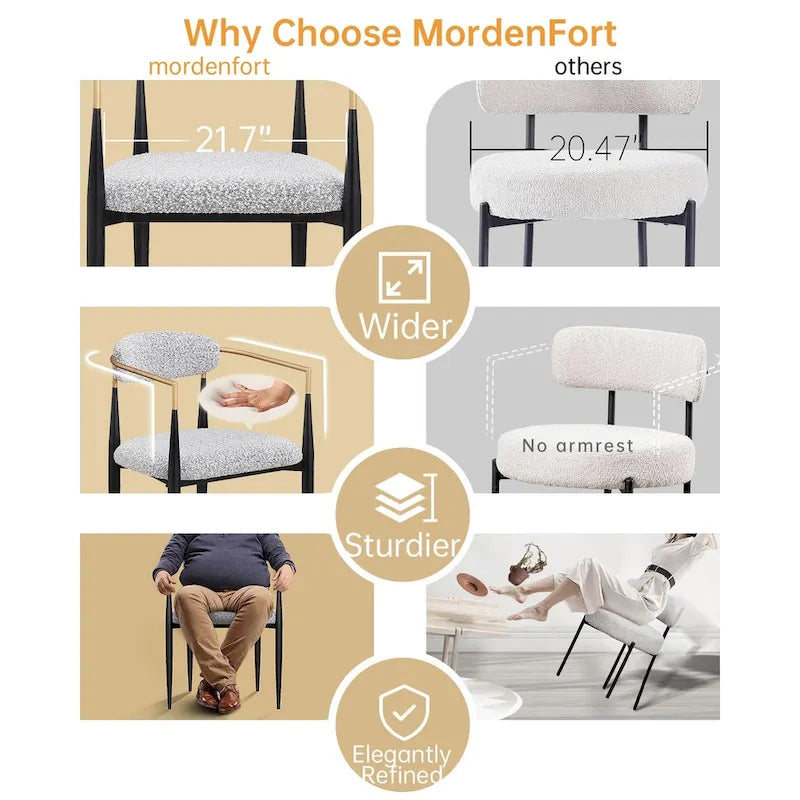 Chaise de salle à manger tapissée avec accoudoirs, cadre métallique, blanc/gris/marron/beige, lot de 2