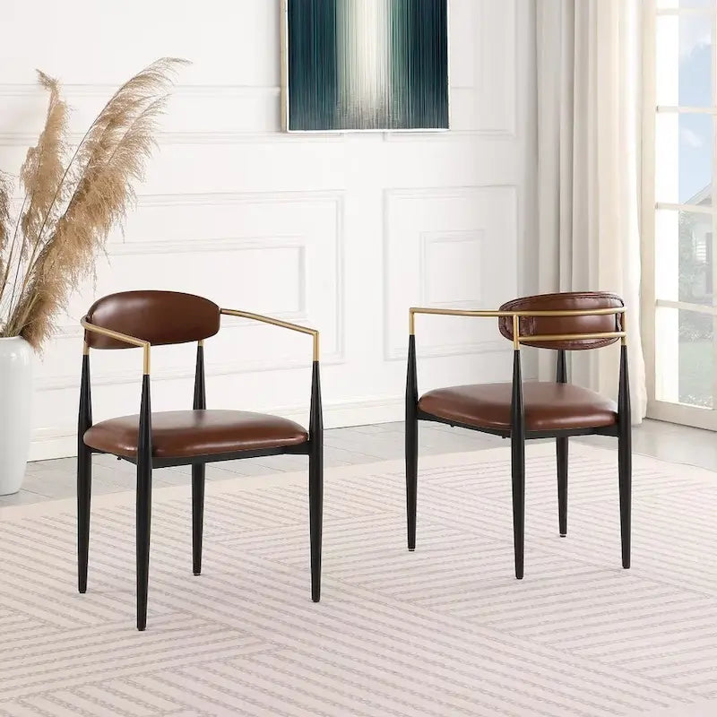 Chaise de salle à manger tapissée avec accoudoirs, cadre métallique, blanc/gris/marron/beige, lot de 2