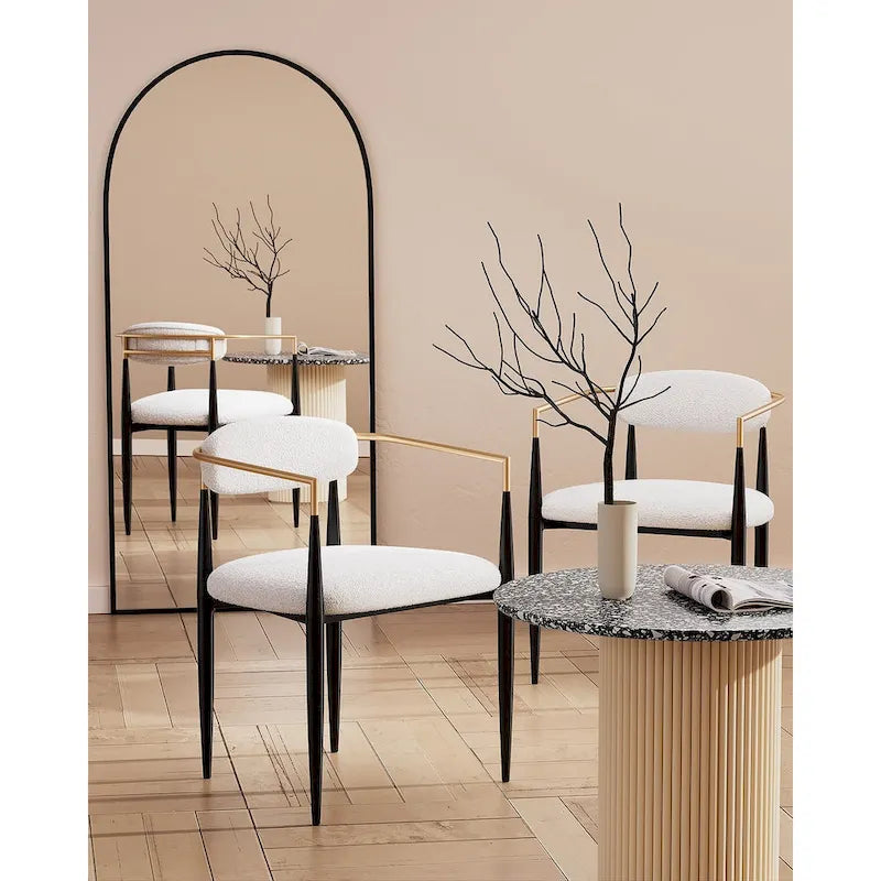 Chaise de salle à manger tapissée avec accoudoirs, cadre métallique, blanc/gris/marron/beige, lot de 2