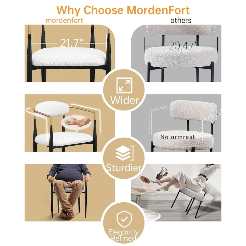 Chaise de salle à manger tapissée avec accoudoirs, cadre métallique, blanc/gris/marron/beige, lot de 2