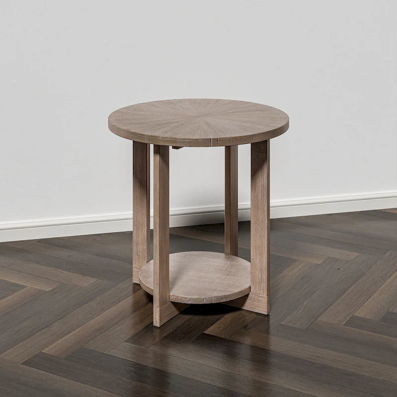 Table de ferme ronde avec étagère de rangement, marron/blanc et gris antique, table basse / table d'appoint