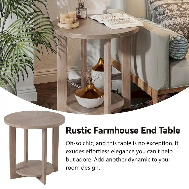Table de ferme ronde avec étagère de rangement, marron/blanc et gris antique, table basse / table d'appoint