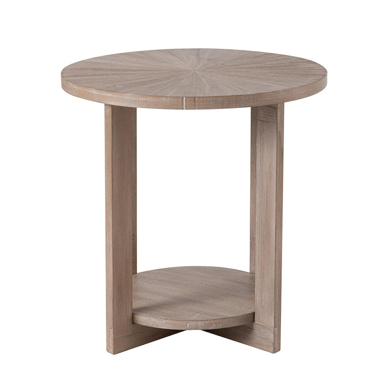Table de ferme ronde avec étagère de rangement, marron/blanc et gris antique, table basse / table d'appoint