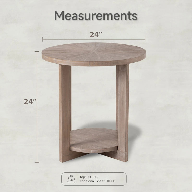 Table de ferme ronde avec étagère de rangement, marron/blanc et gris antique, table basse / table d'appoint