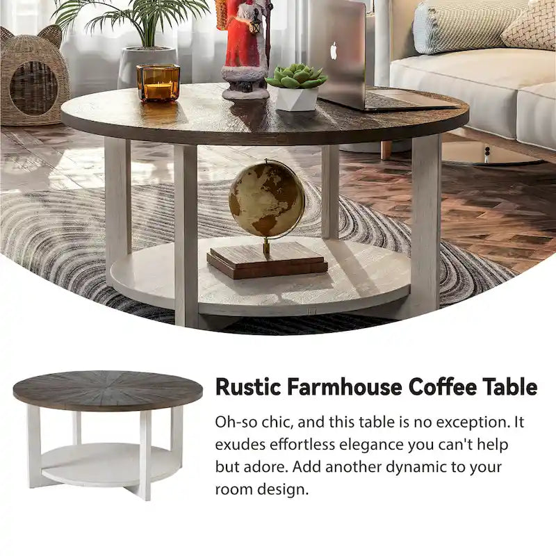 Table de ferme ronde avec étagère de rangement, marron/blanc et gris antique, table basse / table d'appoint