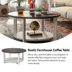 Table de ferme ronde avec étagère de rangement, marron/blanc et gris antique, table basse / table d'appoint