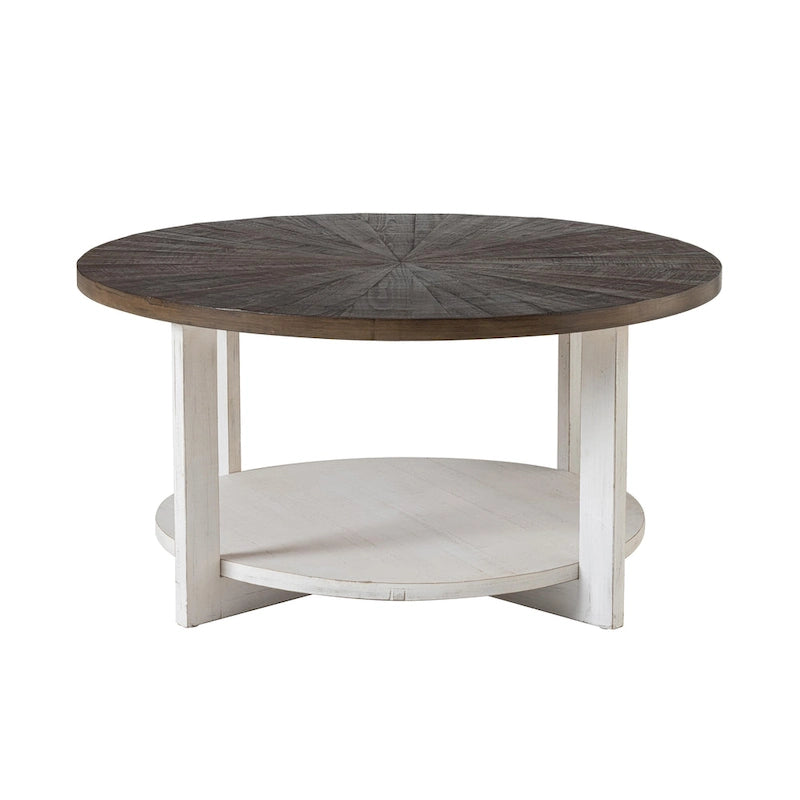 Table de ferme ronde avec étagère de rangement, marron/blanc et gris antique, table basse / table d'appoint