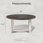 Table de ferme ronde avec étagère de rangement, marron/blanc et gris antique, table basse / table d'appoint