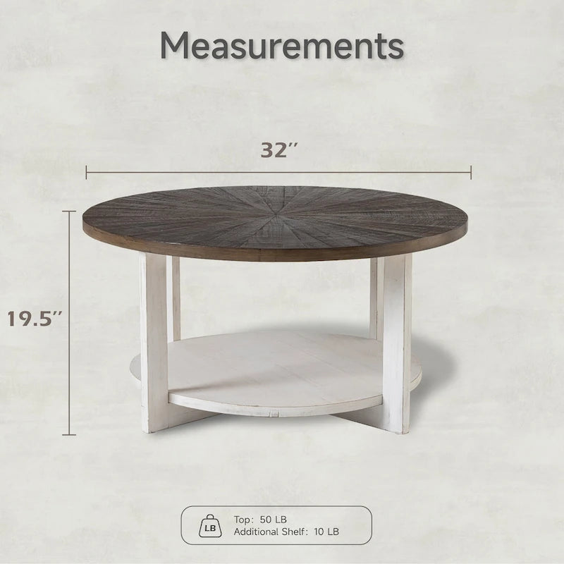 Table de ferme ronde avec étagère de rangement, marron/blanc et gris antique, table basse / table d'appoint
