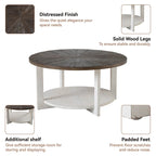 Table de ferme ronde avec étagère de rangement, marron/blanc et gris antique, table basse / table d'appoint