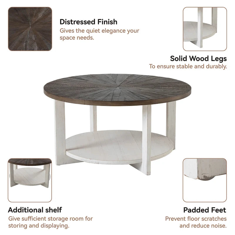 Table de ferme ronde avec étagère de rangement, marron/blanc et gris antique, table basse / table d'appoint