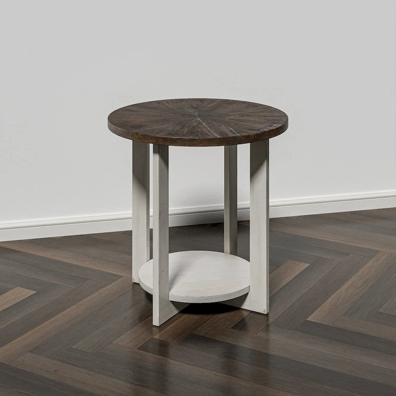 Table de ferme ronde avec étagère de rangement, marron/blanc et gris antique, table basse / table d'appoint
