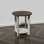 Table de ferme ronde avec étagère de rangement, marron/blanc et gris antique, table basse / table d'appoint