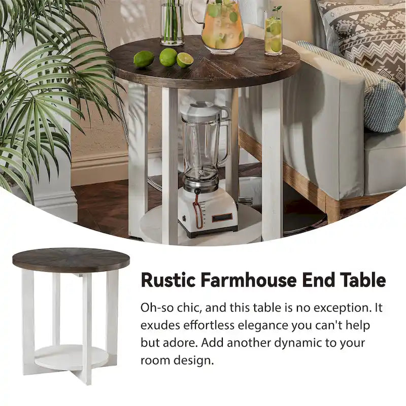 Table de ferme ronde avec étagère de rangement, marron/blanc et gris antique, table basse / table d'appoint
