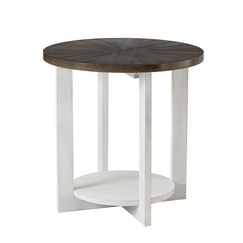 Table de ferme ronde avec étagère de rangement, marron/blanc et gris antique, table basse / table d'appoint