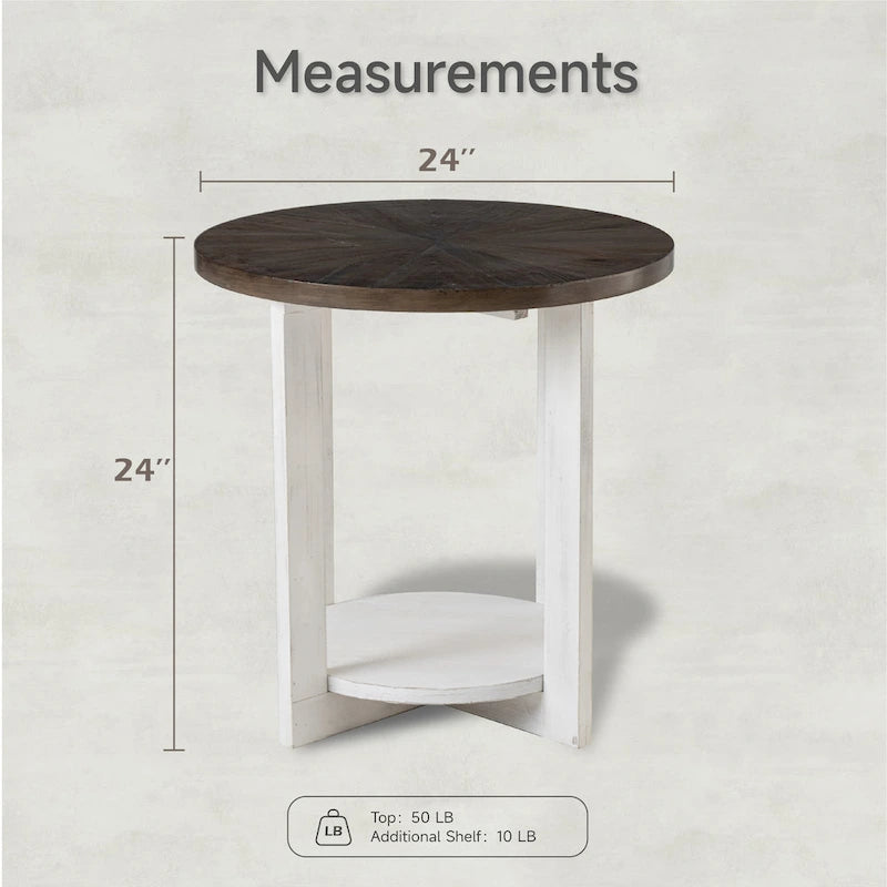 Table de ferme ronde avec étagère de rangement, marron/blanc et gris antique, table basse / table d'appoint