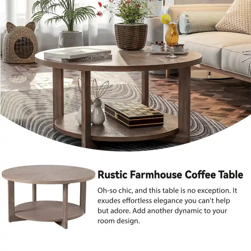 Table de ferme ronde avec étagère de rangement, marron/blanc et gris antique, table basse / table d'appoint