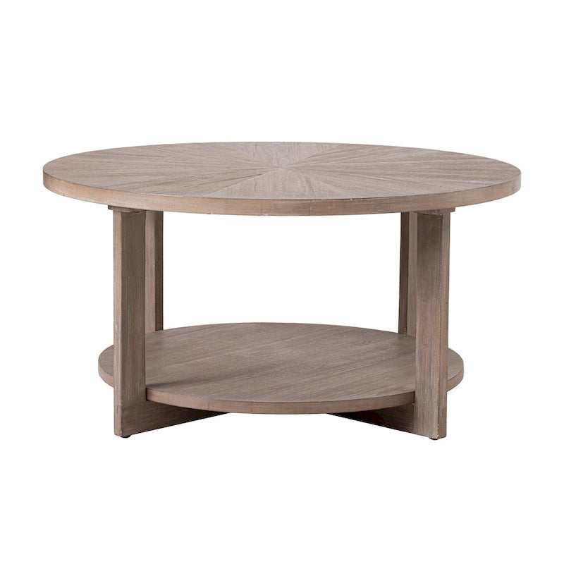 Table de ferme ronde avec étagère de rangement, marron/blanc et gris antique, table basse / table d'appoint