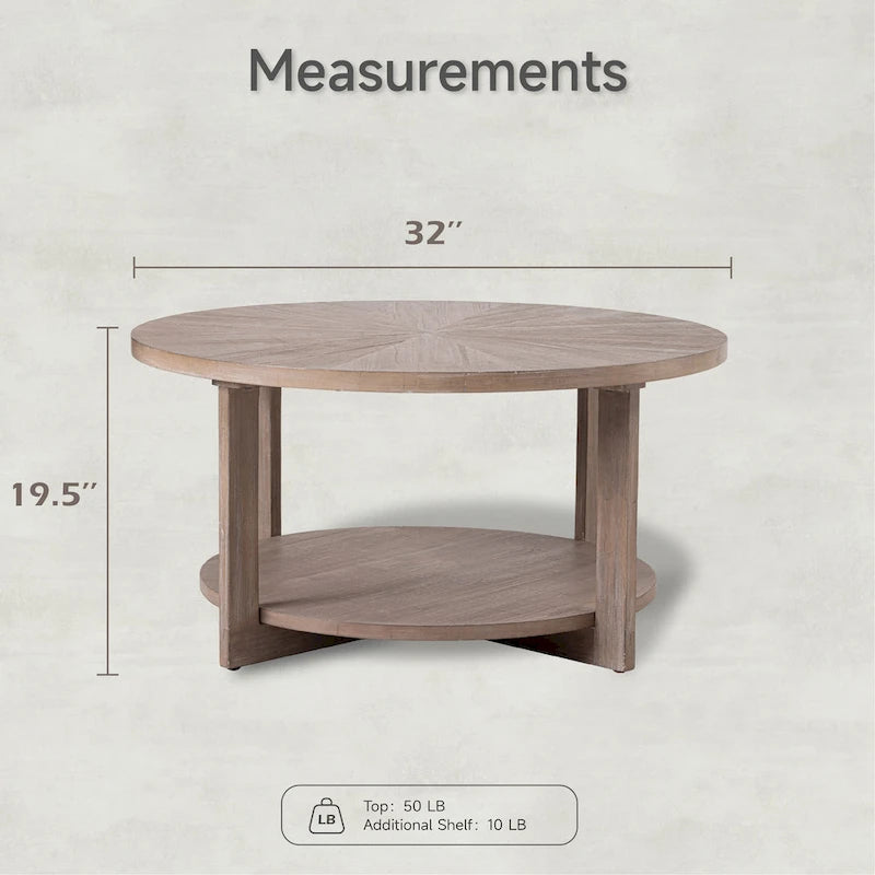 Table de ferme ronde avec étagère de rangement, marron/blanc et gris antique, table basse / table d'appoint