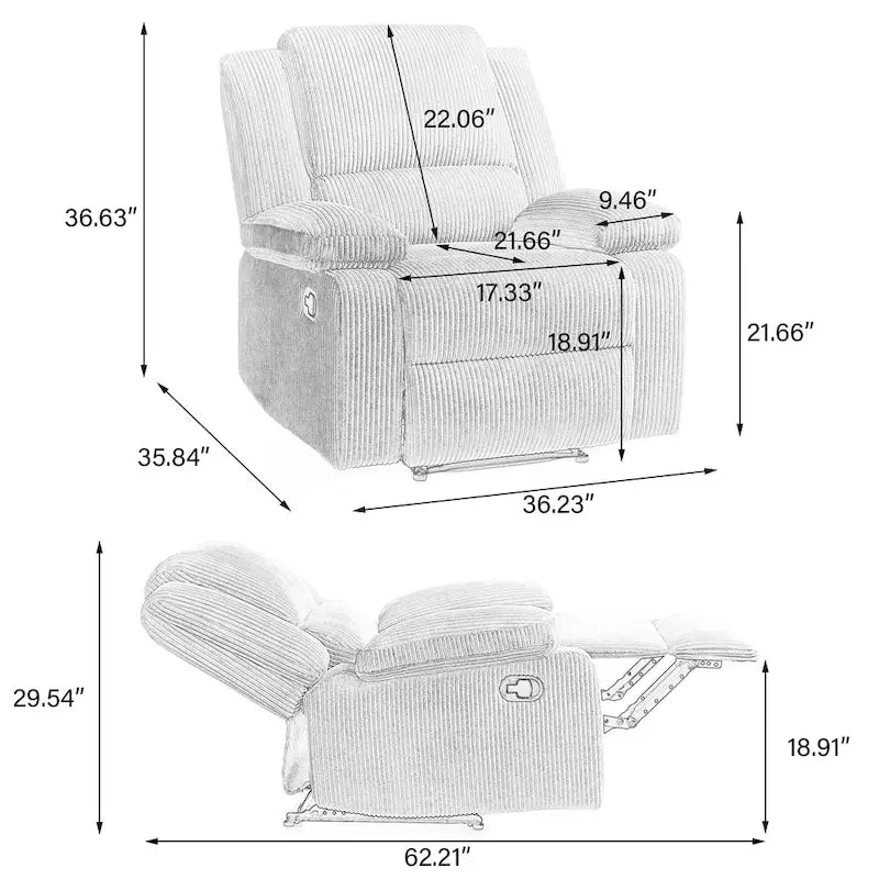 Fauteuil inclinable manuel une place en similicuir et velours côtelé