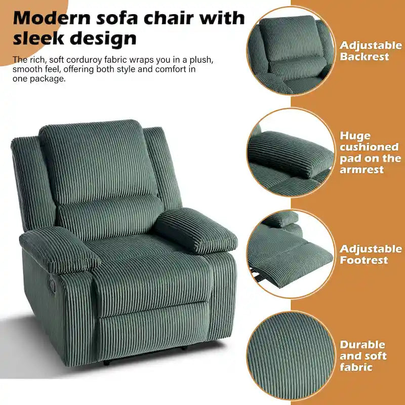 Fauteuil inclinable manuel une place en similicuir et velours côtelé