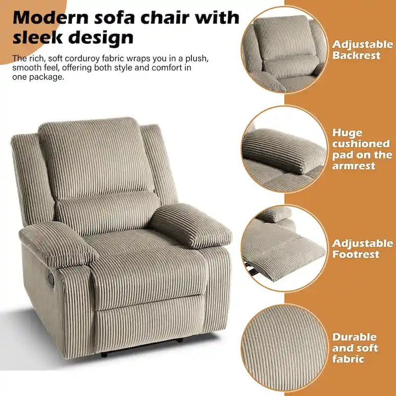 Fauteuil inclinable manuel une place en similicuir et velours côtelé