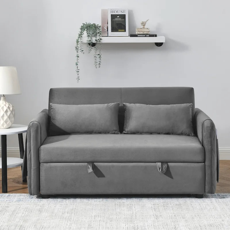 Canapé-lit convertible en velours gris/bleu/noir pour 2 personnes