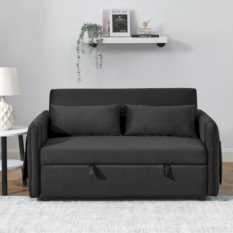 Canapé-lit convertible en velours gris/bleu/noir pour 2 personnes
