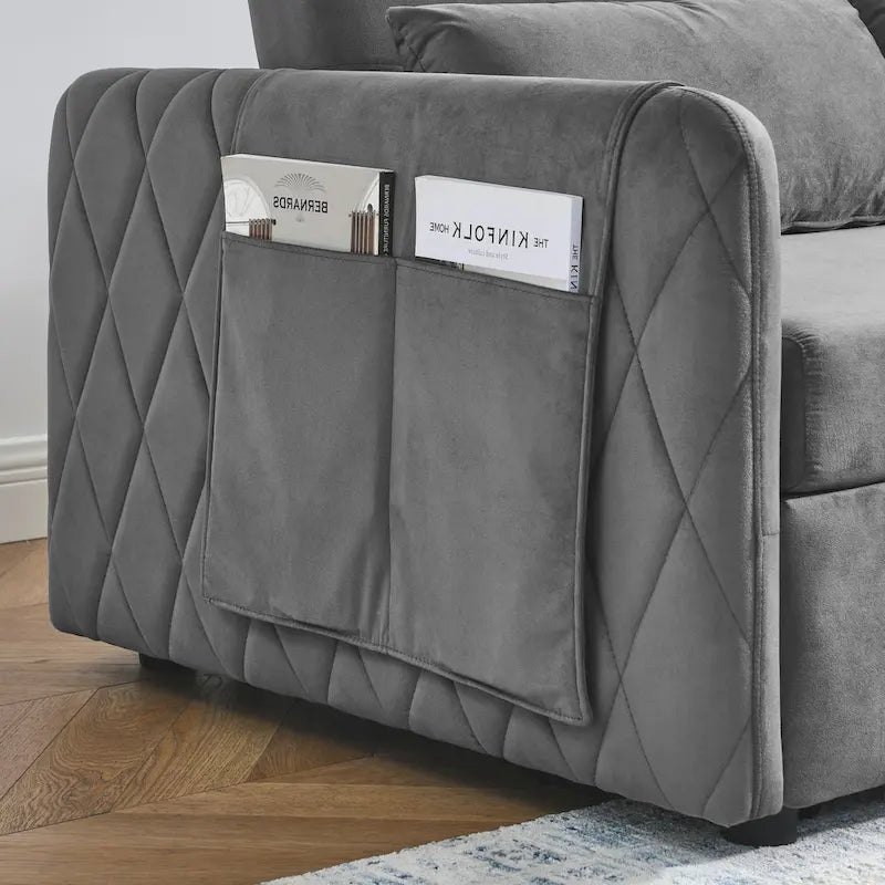 Canapé-lit convertible en velours gris/bleu/noir pour 2 personnes