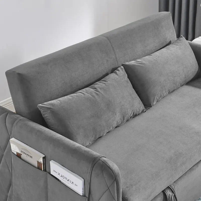 Canapé-lit convertible en velours gris/bleu/noir pour 2 personnes